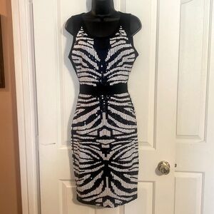 “BEBE” Zebra Stripes Sequin & Mesh Dress